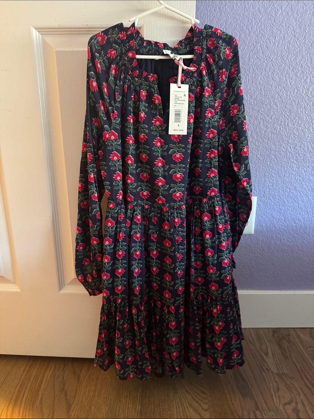 Navy Floral Long Sleeve Smocked Dress with Red Roses